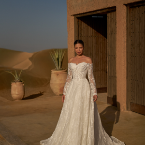 Robe de mariée Hayet Maison Gabriella dentelle épaules dénudées manches longues