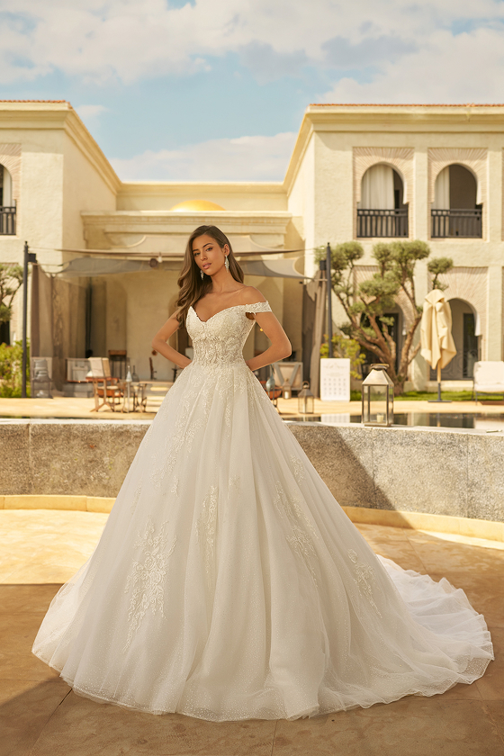 Robe de mariée princesse Blanche en tulle scintillant, épaules dénudées