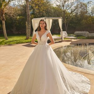 Robe de mariée princesse Elsa en dentelle avec manches courtes