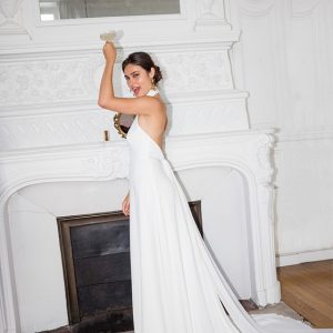 Robe de mariée Atlas, Lambert Créations, vue de profil ceinture mousseline nouée