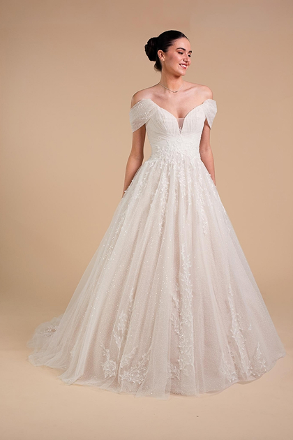 Robe de mariée Iconique, Eglantine, vue de face bustier cœur bretelles bateau