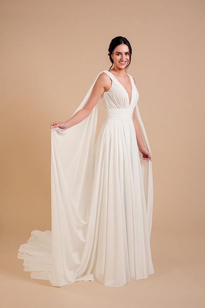 Robe de mariée Ilios, Eglantine, vue de face décolleté en V mousseline